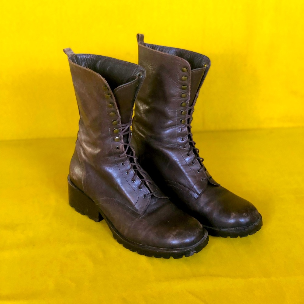 DKNY Distressed Brown Leather Lace Up Combat Boots
